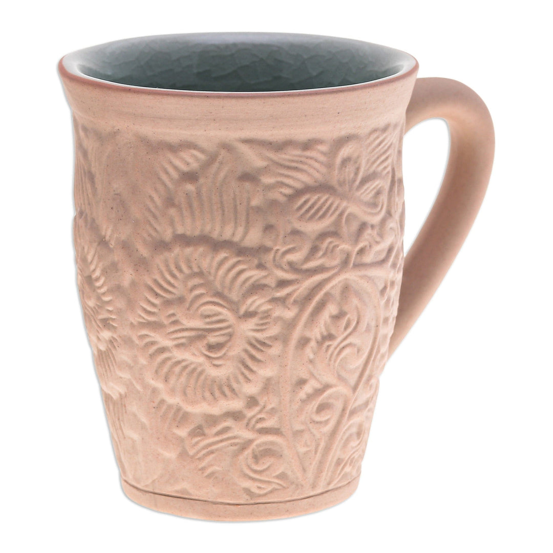 Ceramic Floral and Leaf Mug with Crackled Celadon Accents - Thai Flora