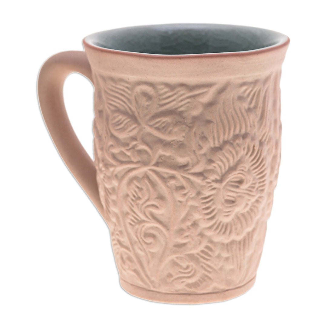 Ceramic Floral and Leaf Mug with Crackled Celadon Accents - Thai Flora