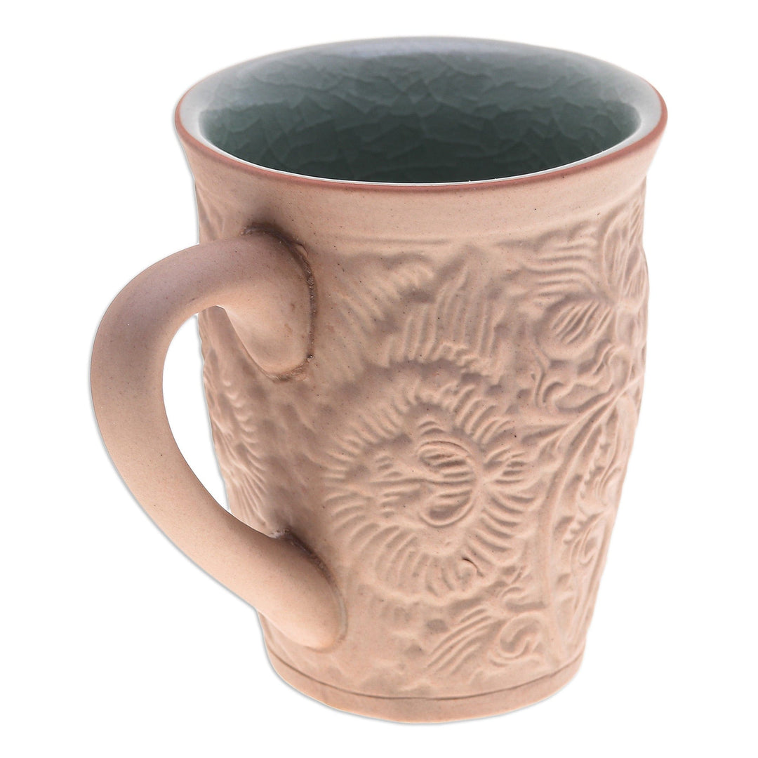 Ceramic Floral and Leaf Mug with Crackled Celadon Accents - Thai Flora