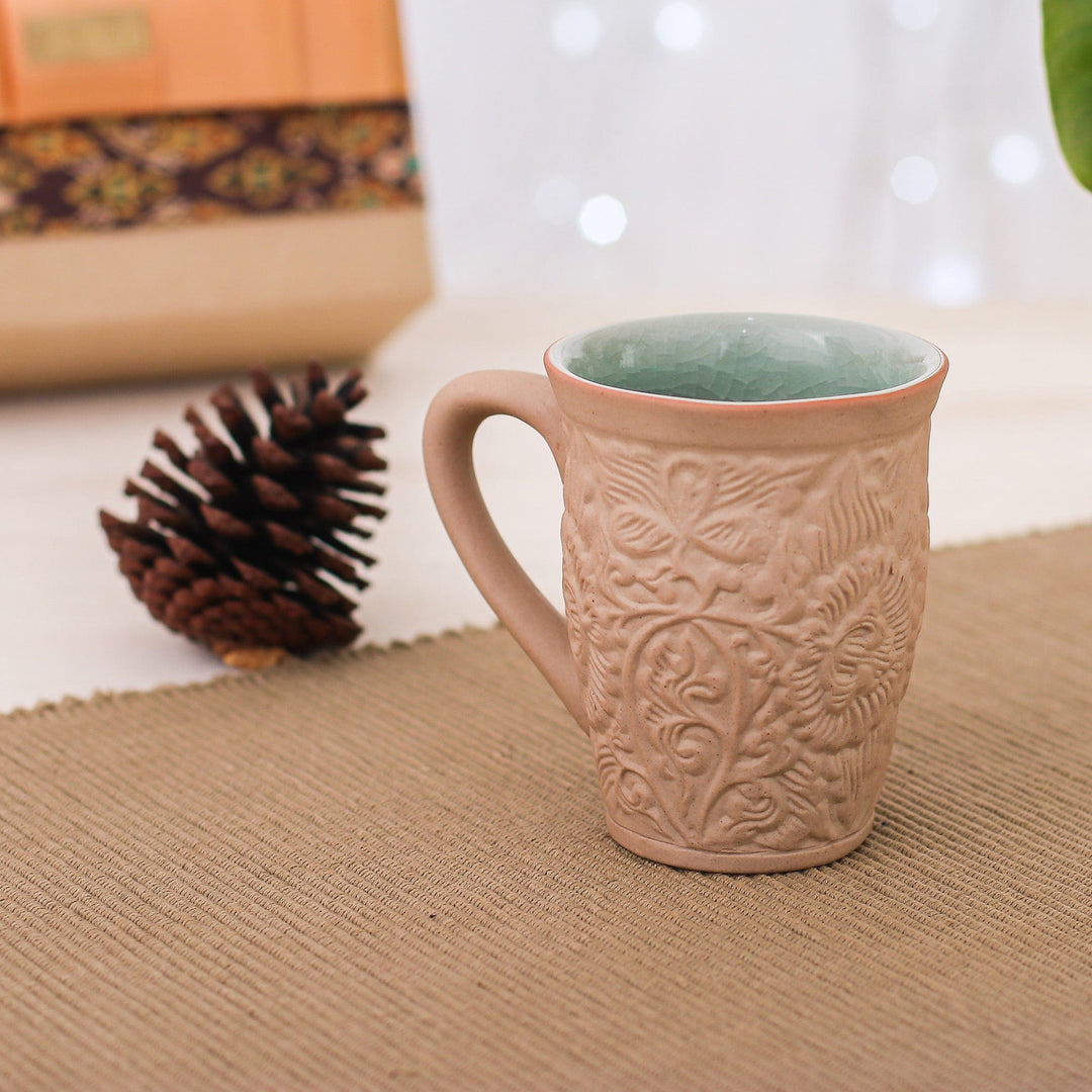 Ceramic Floral and Leaf Mug with Crackled Celadon Accents - Thai Flora