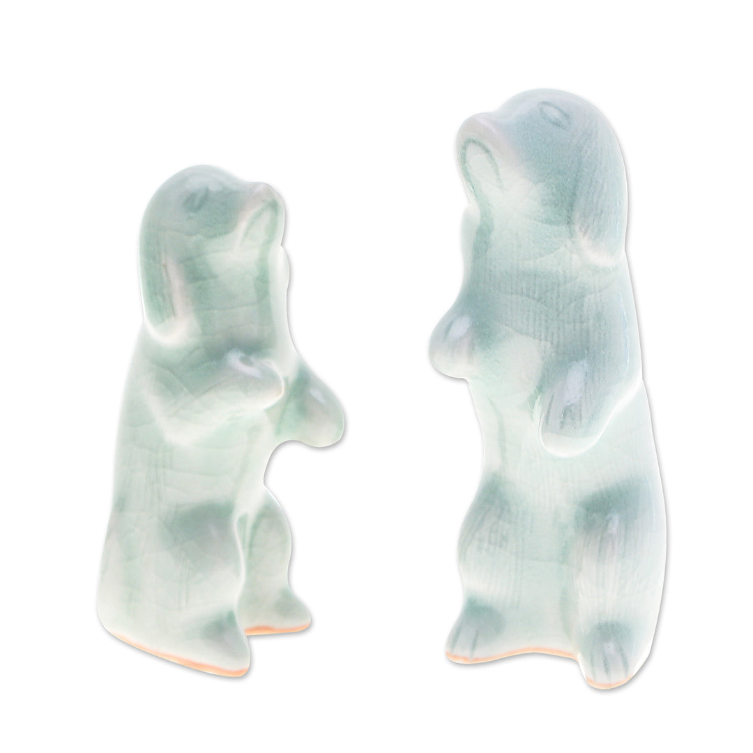 Pair of Celadon Ceramic Dog Figurines Handmade in Thailand - Playful Friends