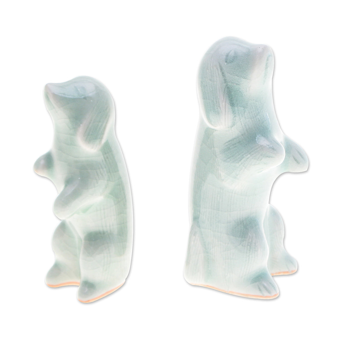 Pair of Celadon Ceramic Dog Figurines Handmade in Thailand - Playful Friends