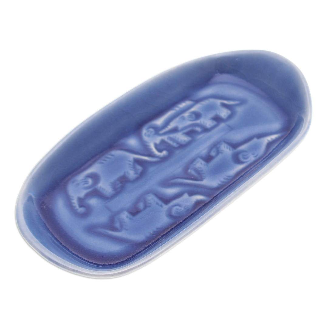 Blue Handmade Celadon Ceramic Elephant-Themed Serving Dish - Elephant Spectacle