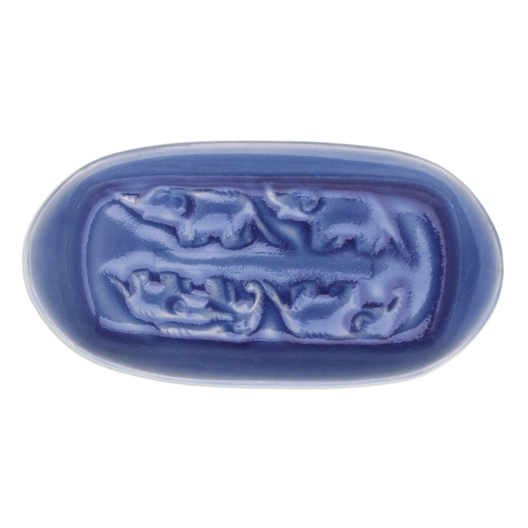 Blue Handmade Celadon Ceramic Elephant-Themed Serving Dish - Elephant Spectacle