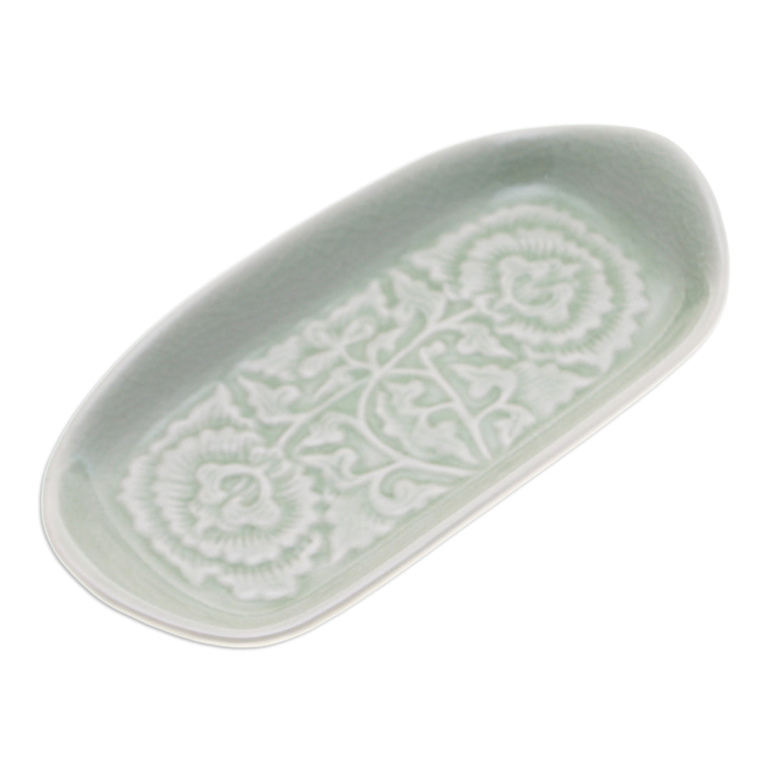 Green Handmade Celadon Ceramic Floral and Leaf Serving Dish - Thai Blooms