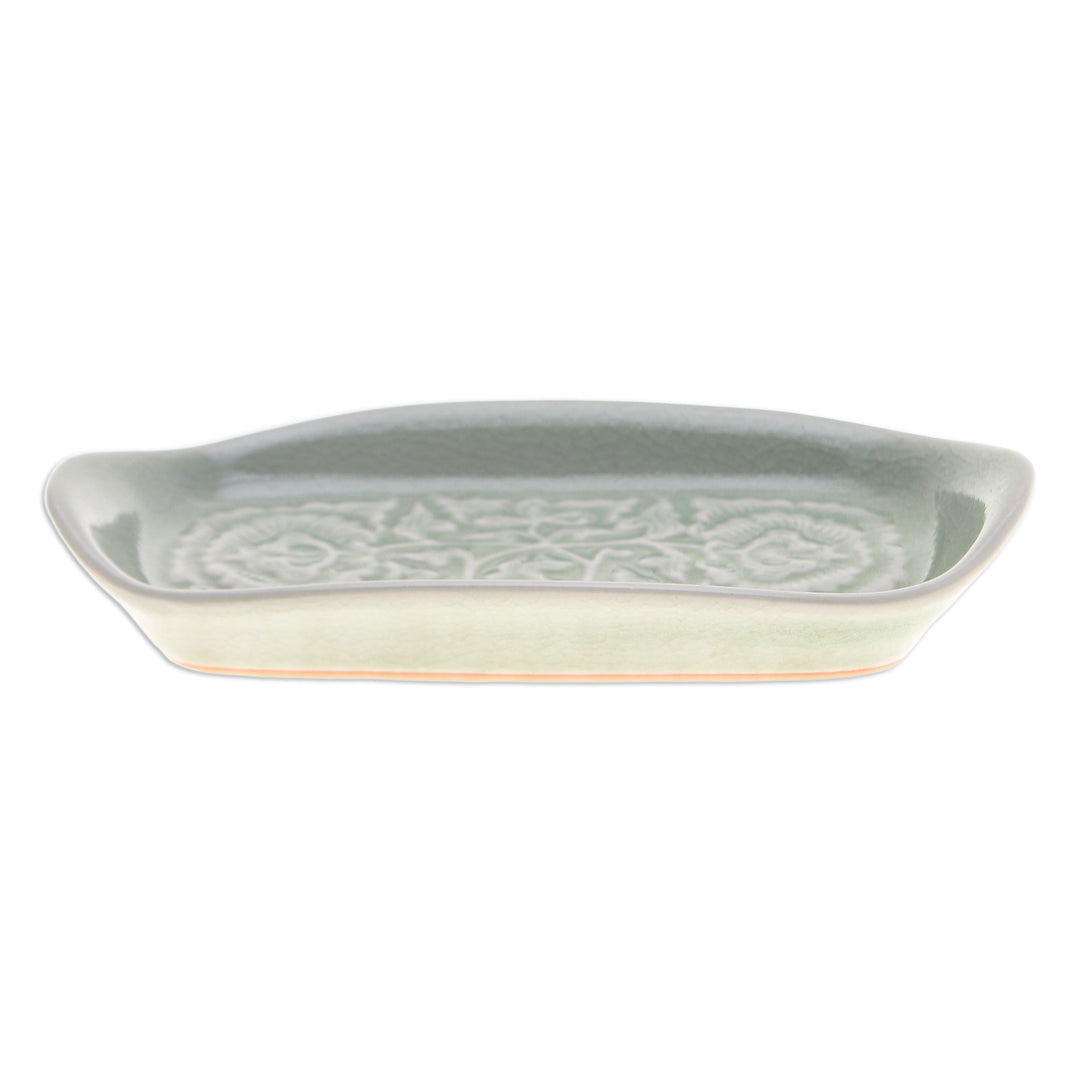 Green Handmade Celadon Ceramic Floral and Leaf Serving Dish - Thai Blooms