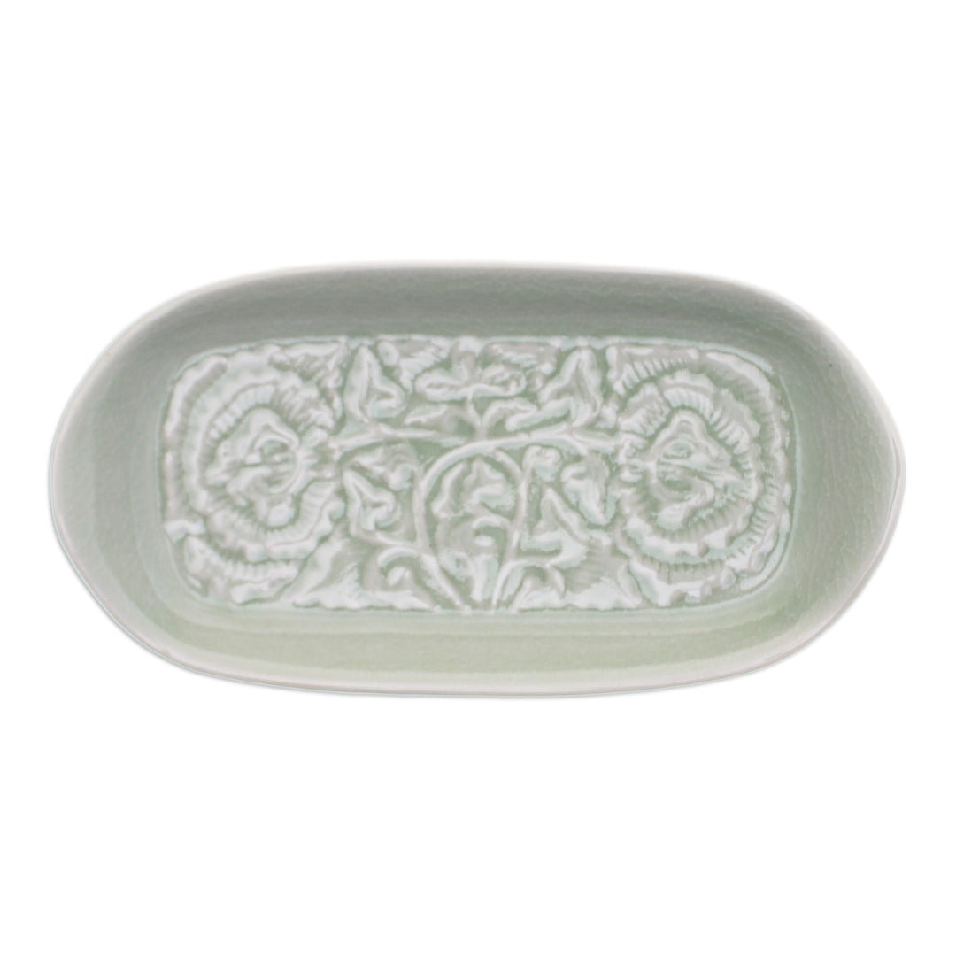 Green Handmade Celadon Ceramic Floral and Leaf Serving Dish - Thai Blooms