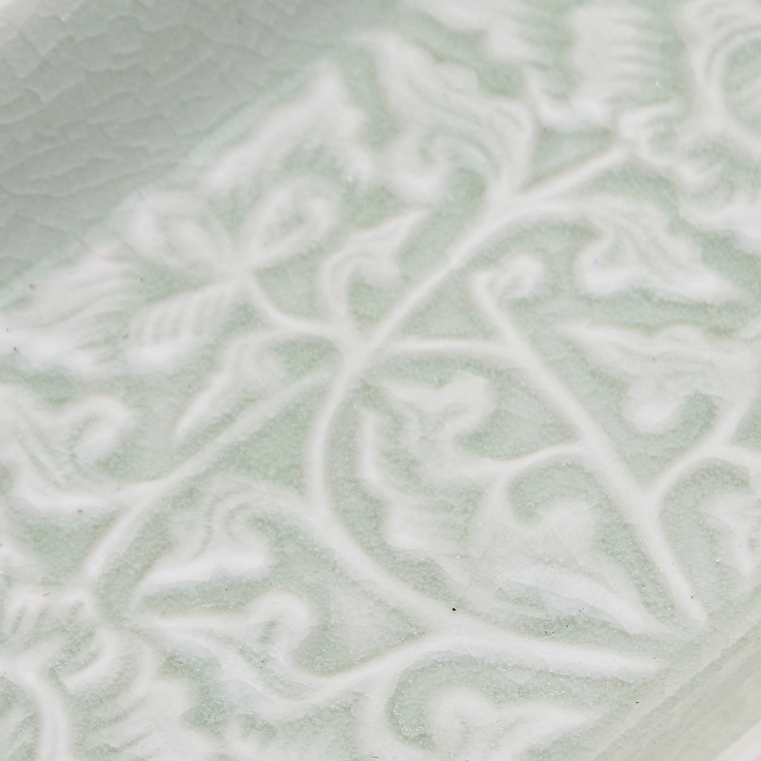 Green Handmade Celadon Ceramic Floral and Leaf Serving Dish - Thai Blooms