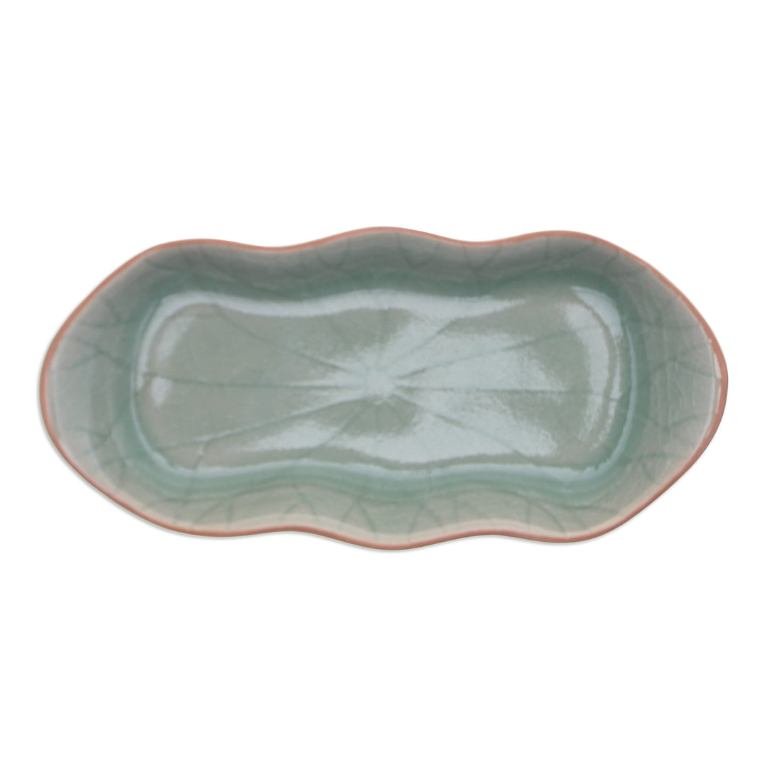 Green Handmade Celadon Ceramic Lotus Flower Serving Bowl - Thai Lotus Leaf