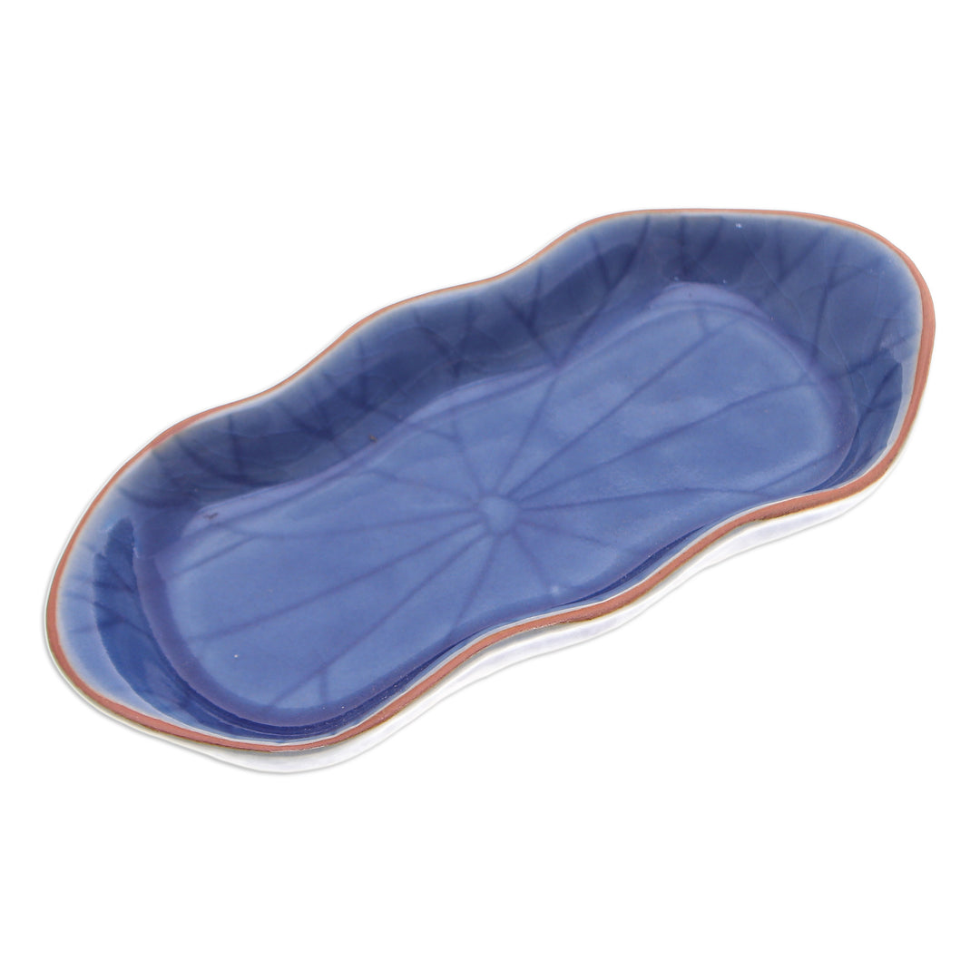 Blue Handmade Celadon Ceramic Lotus Flower Serving Bowl - Thai Lotus Leaf in Blue