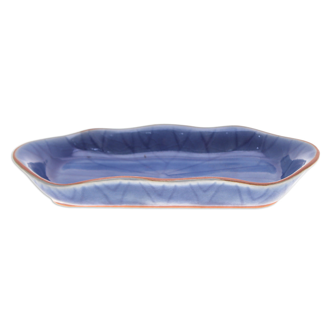 Blue Handmade Celadon Ceramic Lotus Flower Serving Bowl - Thai Lotus Leaf in Blue