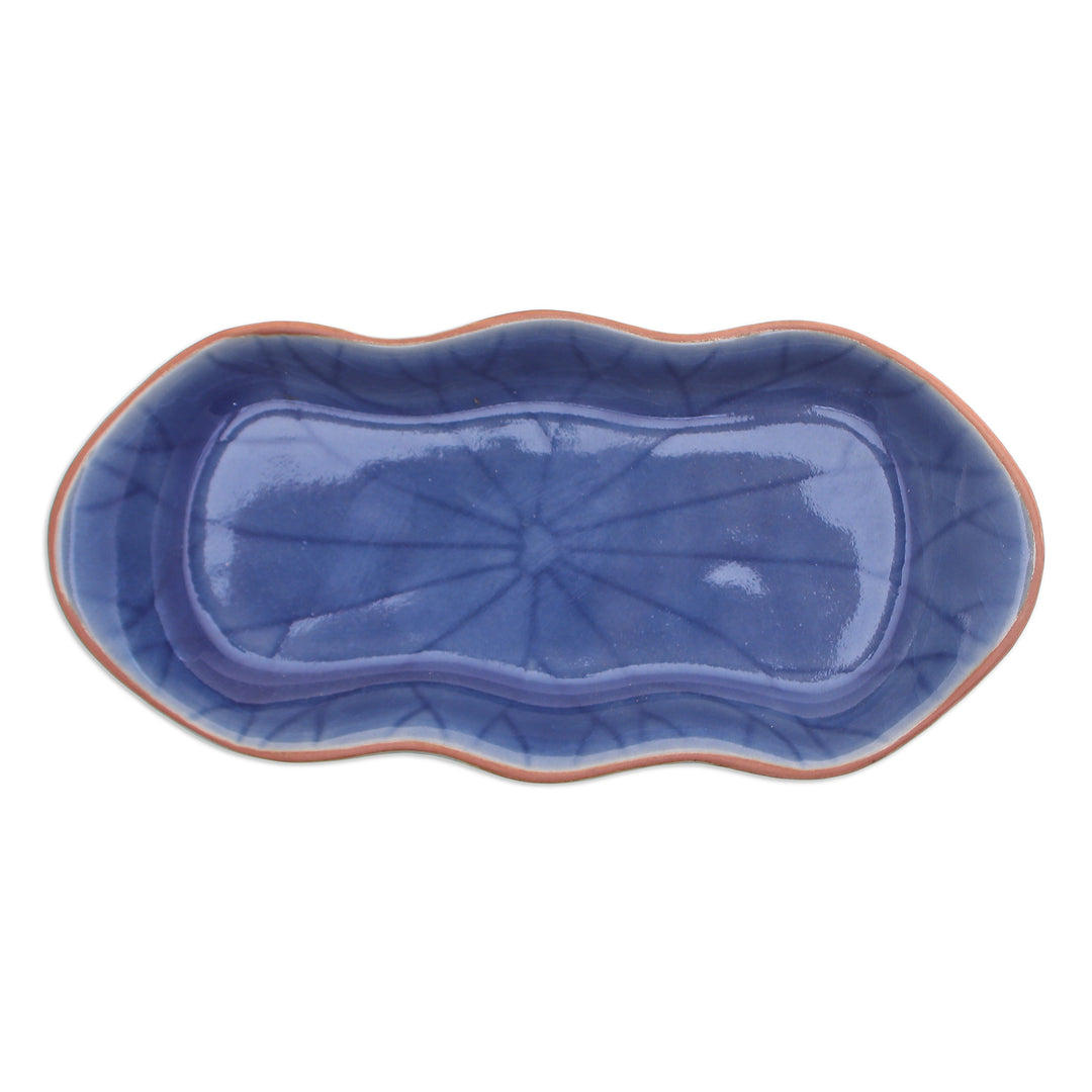 Blue Handmade Celadon Ceramic Lotus Flower Serving Bowl - Thai Lotus Leaf in Blue
