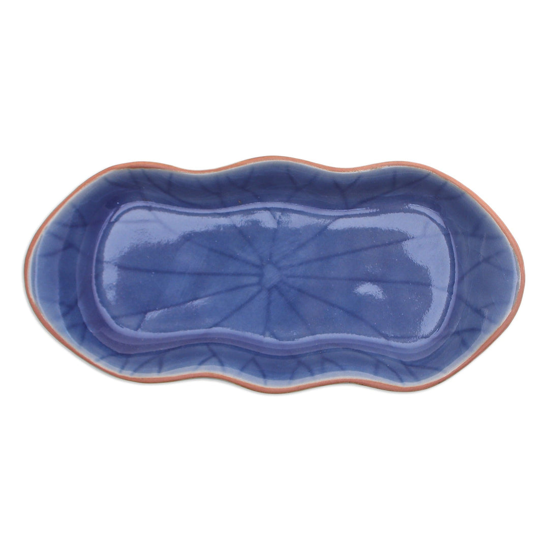 Blue Handmade Celadon Ceramic Lotus Flower Serving Bowl - Thai Lotus Leaf in Blue