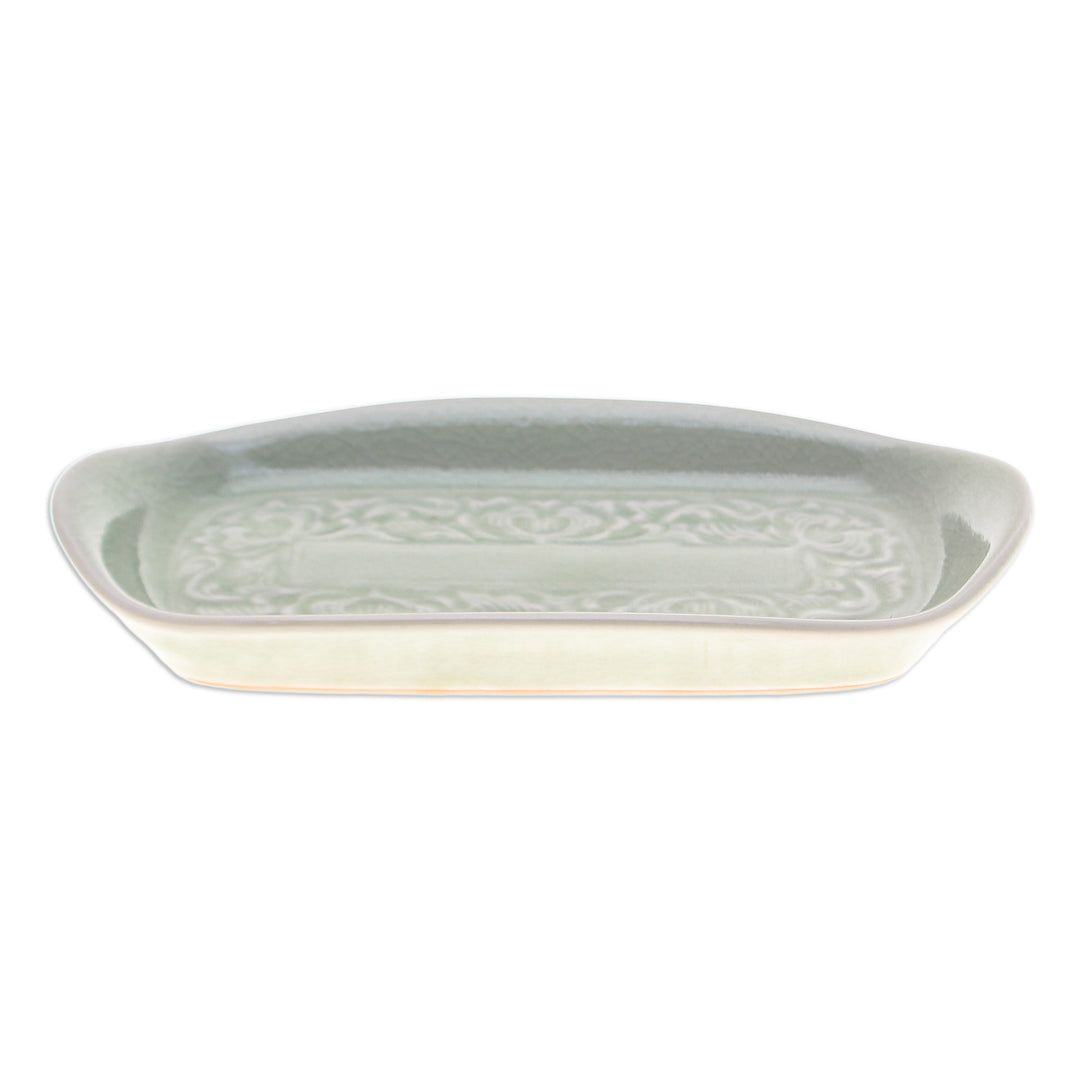Handmade Celadon Ceramic Leaf-Themed Serving Bowl in Green - Thai Foliage