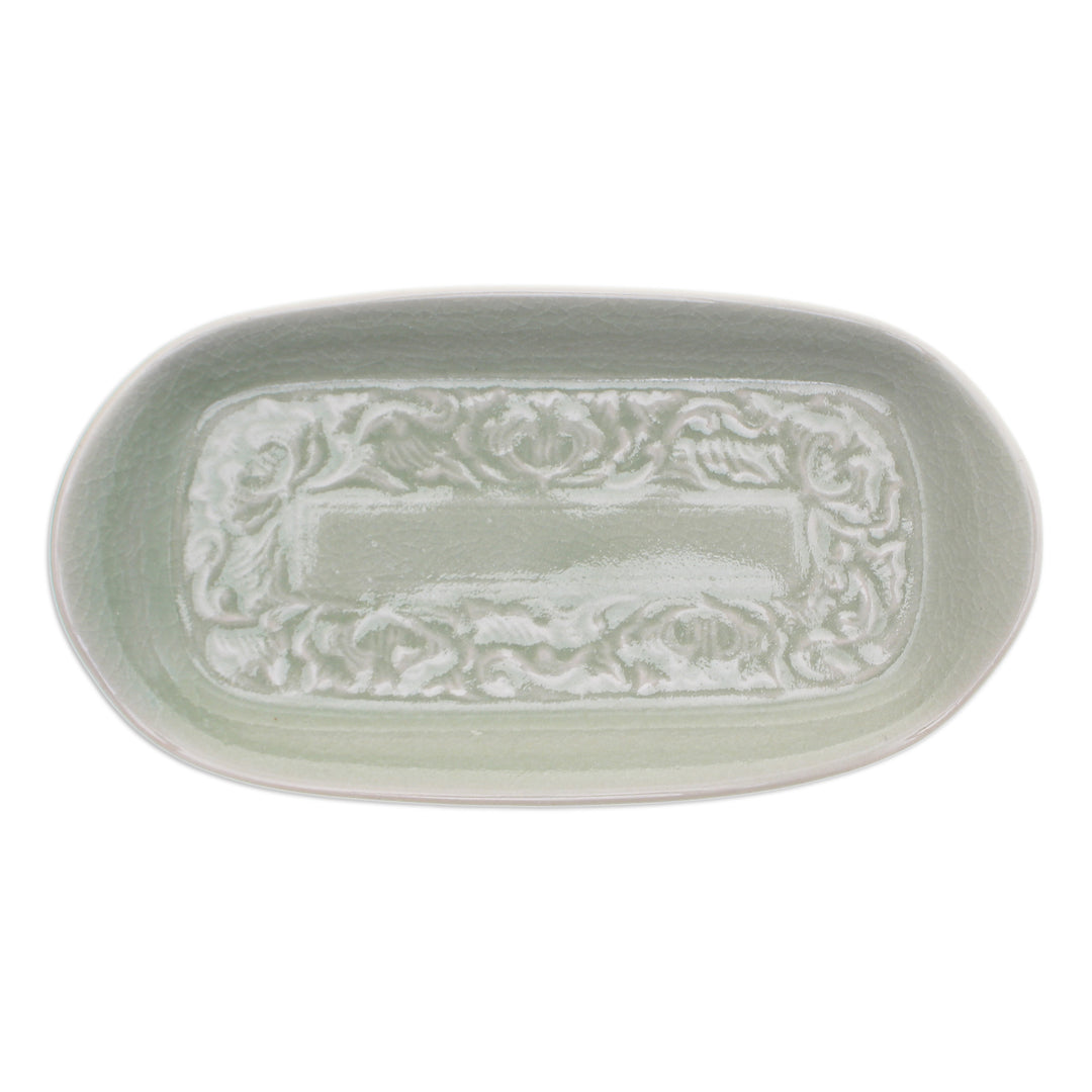 Handmade Celadon Ceramic Leaf-Themed Serving Bowl in Green - Thai Foliage