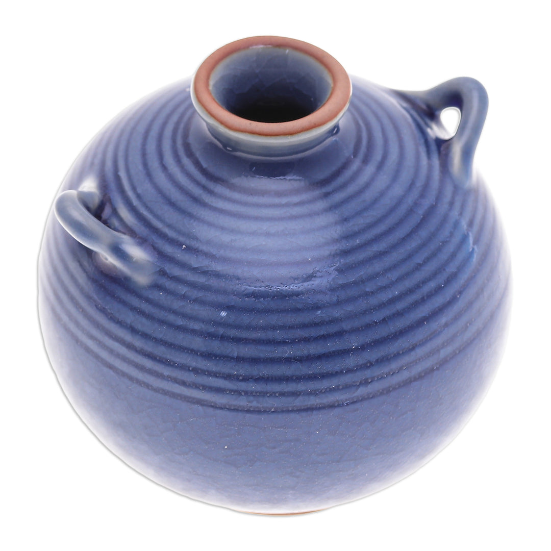 Handmade Celadon Ceramic Vase in Blue with Circular Patterns - Thai Circles