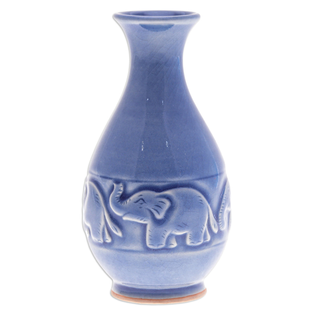 Celadon Ceramic Elephant Vase in Blue Handmade in Thailand - Joyful Elephants