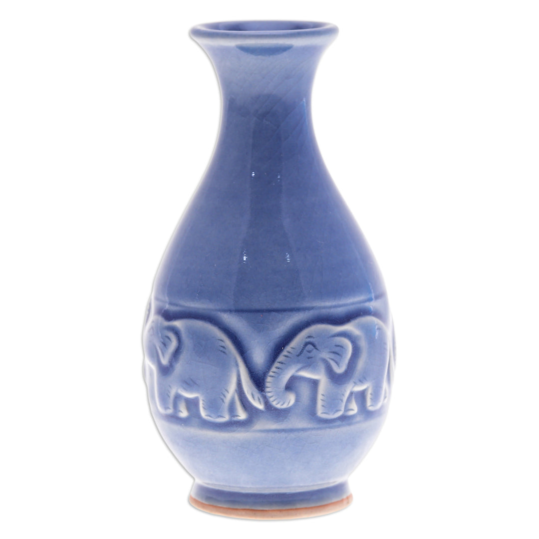 Celadon Ceramic Elephant Vase in Blue Handmade in Thailand - Joyful Elephants