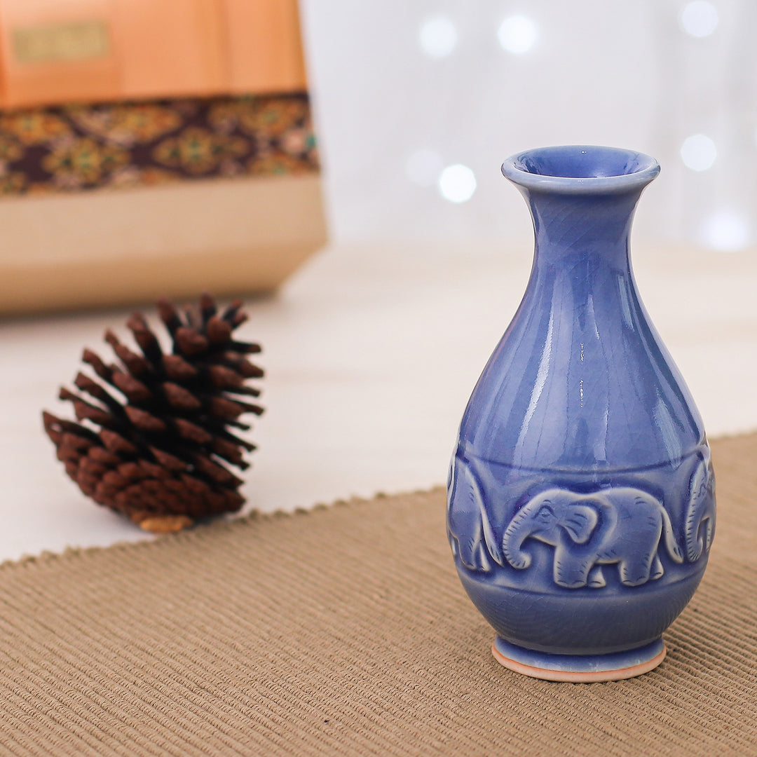 Celadon Ceramic Elephant Vase in Blue Handmade in Thailand - Joyful Elephants