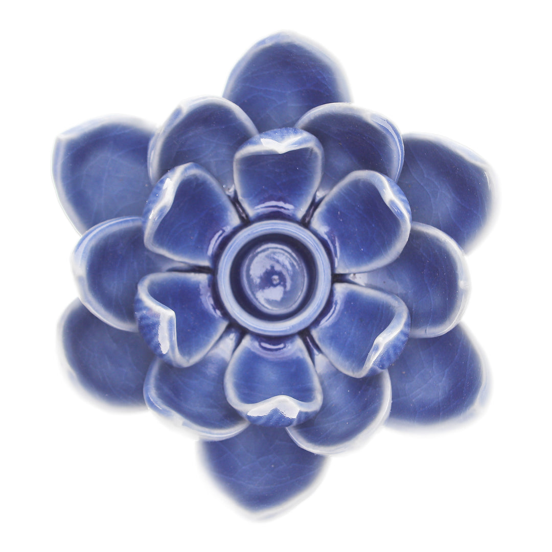 Blue Celadon Ceramic Candle Holder with Lotus Flower Motif - Lotus Splendor in Blue