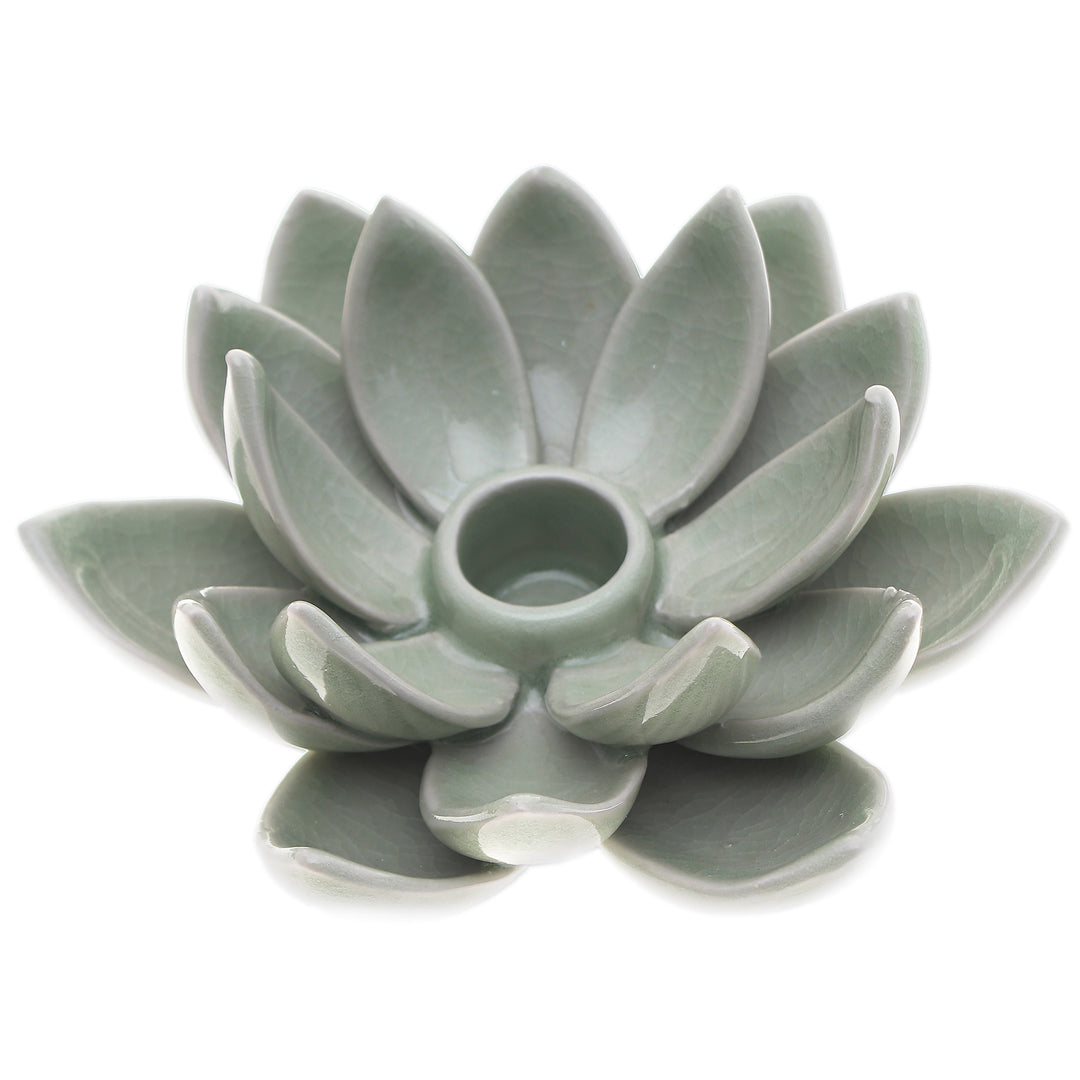 Green Celadon Ceramic Candle Holder with Lotus Flower Motif - Lotus Splendor in Green