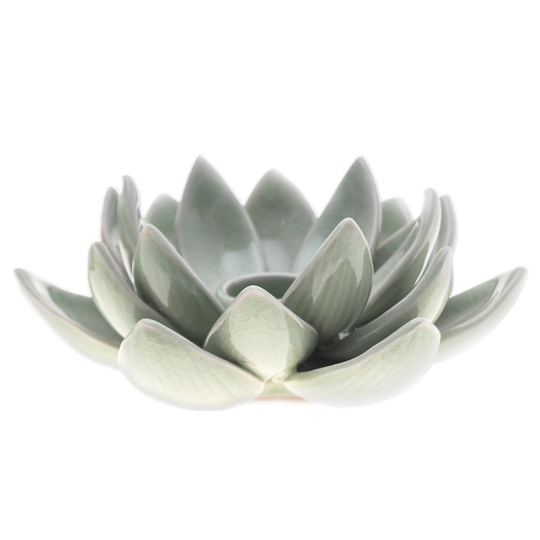 Green Celadon Ceramic Candle Holder with Lotus Flower Motif - Lotus Splendor in Green