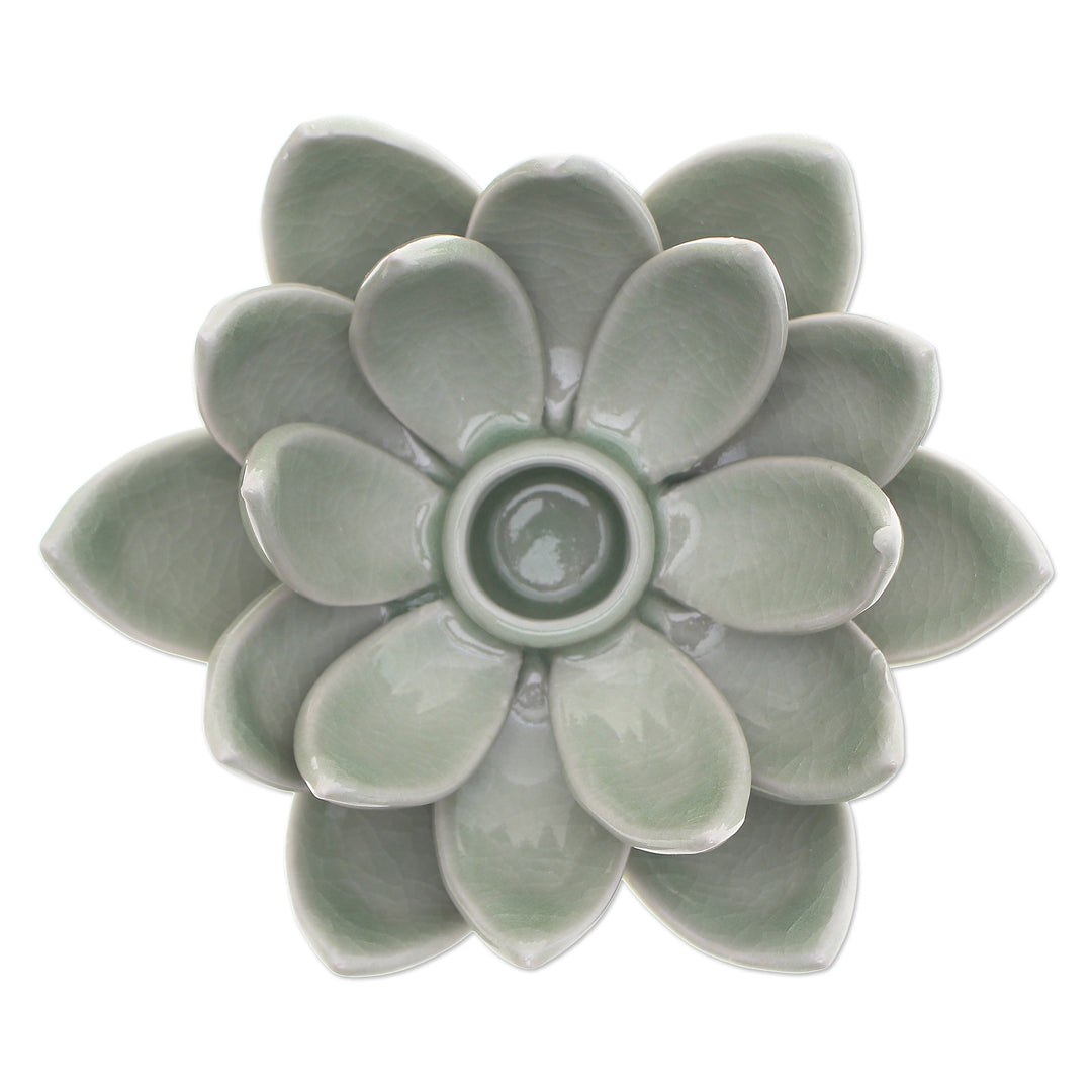 Green Celadon Ceramic Candle Holder with Lotus Flower Motif - Lotus Splendor in Green