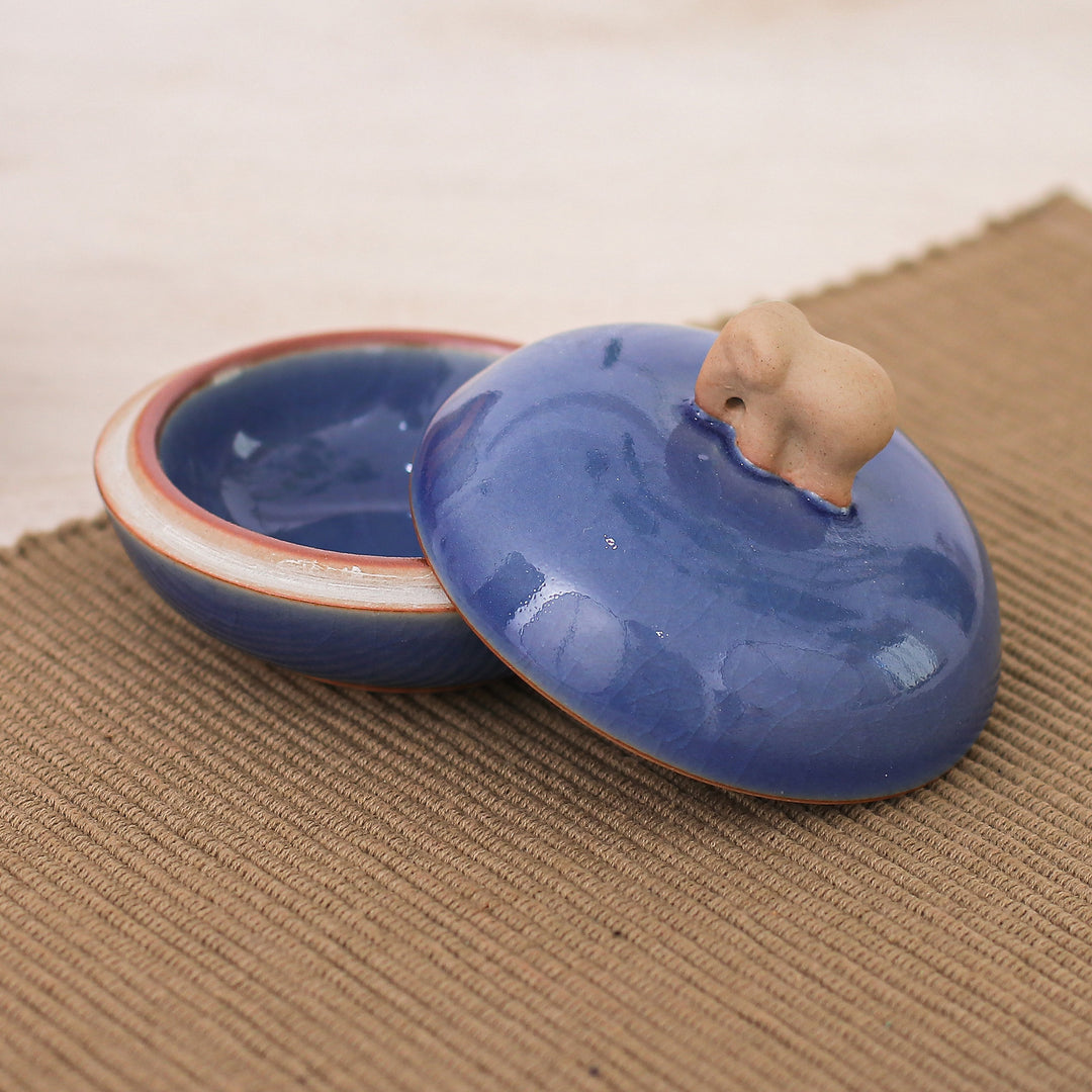 Blue Handmade Celadon Ceramic Elephant-Themed Decorative Jar - Elephant Radiance