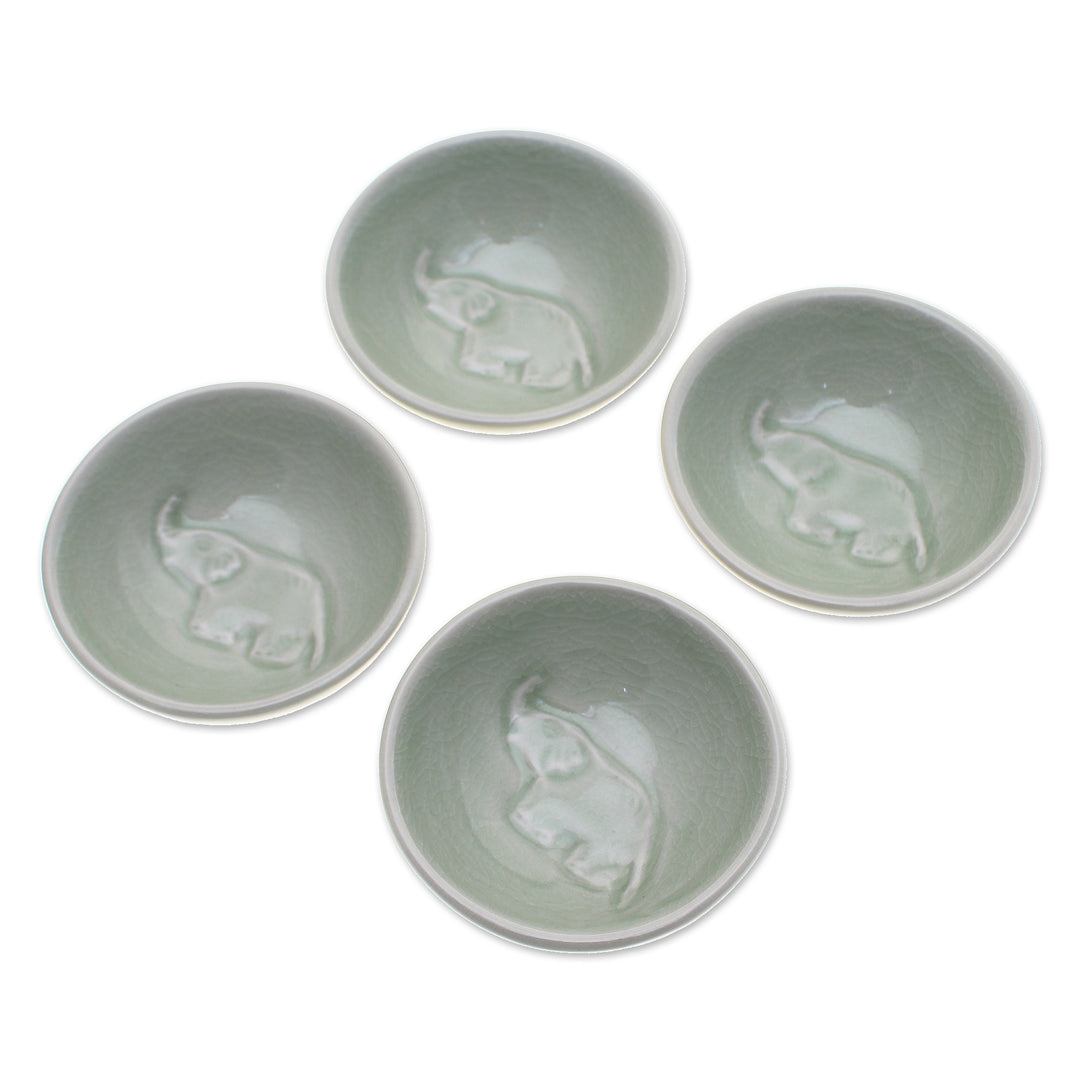 4 Handmade Celadon Ceramic Elephant Condiment Bowls in Green - Gourmet Elephant