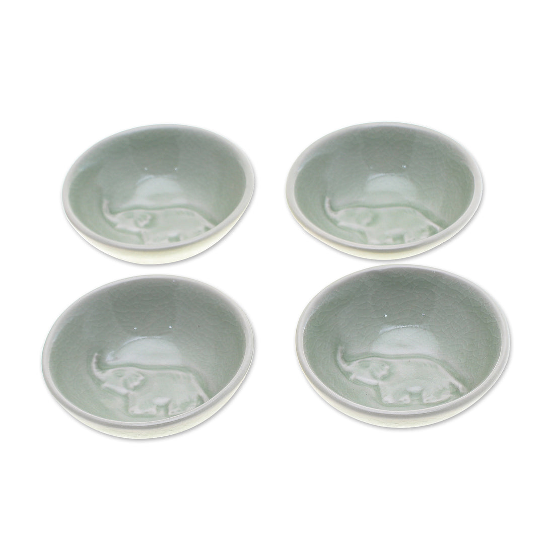 4 Handmade Celadon Ceramic Elephant Condiment Bowls in Green - Gourmet Elephant