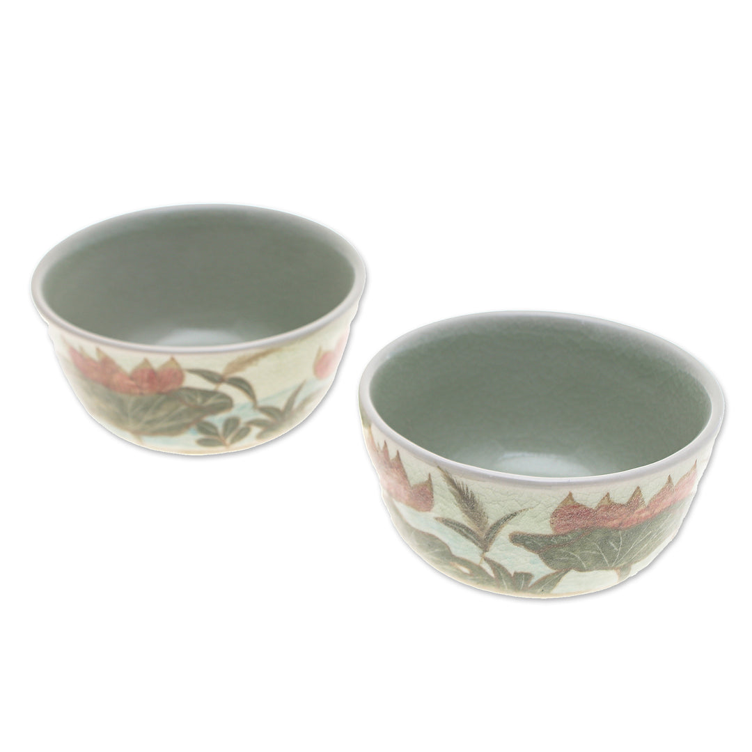 2 Hand-Painted Celadon Ceramic Floral & Leaf Dessert Bowls - Lotus Flower Delight