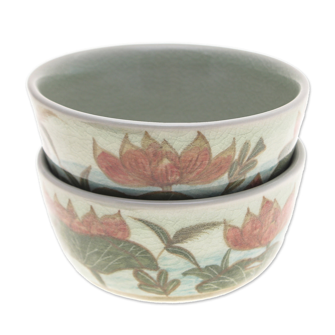 2 Hand-Painted Celadon Ceramic Floral & Leaf Dessert Bowls - Lotus Flower Delight
