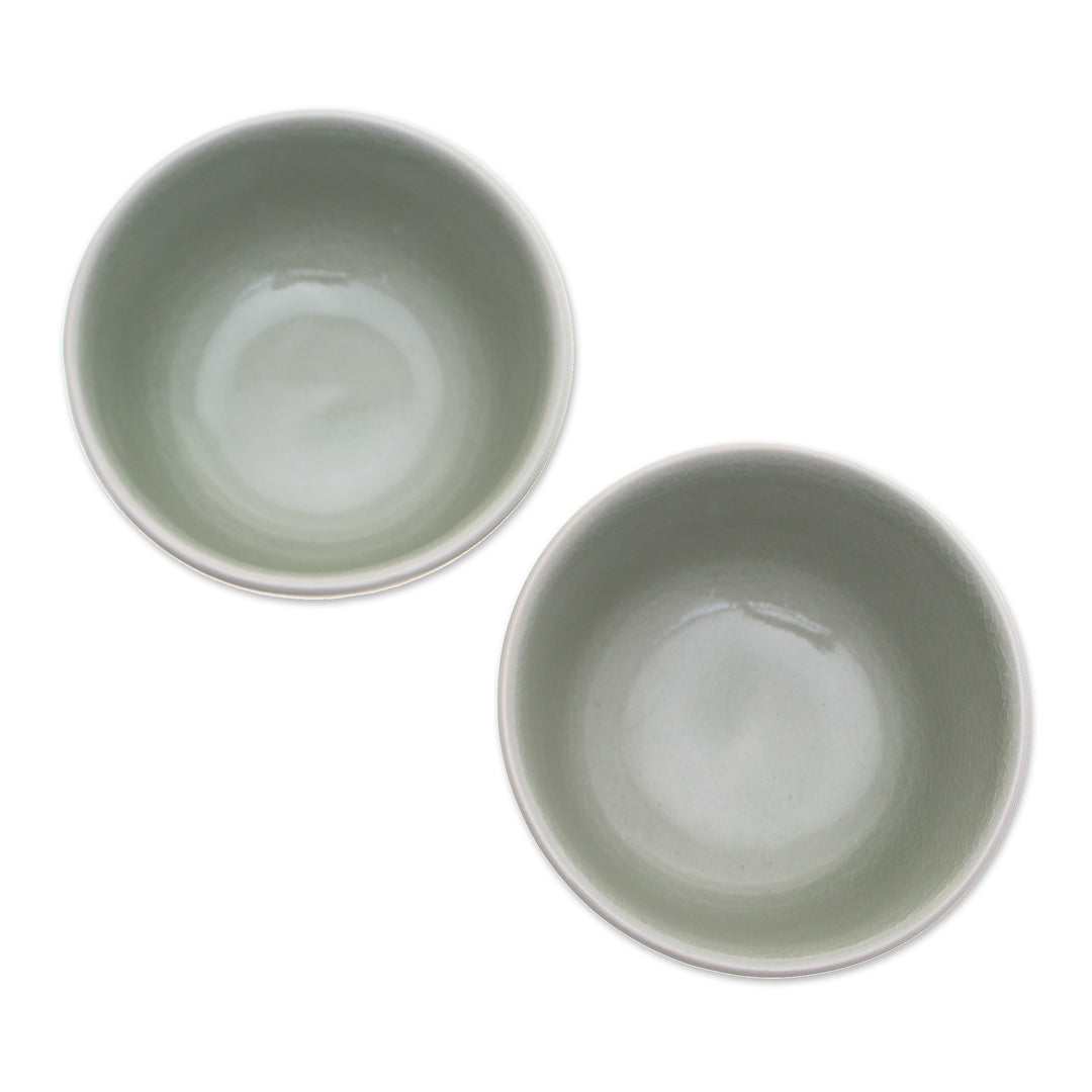 2 Hand-Painted Celadon Ceramic Floral & Leaf Dessert Bowls - Lotus Flower Delight