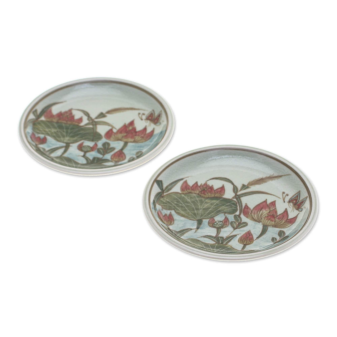 2 Hand-Painted Celadon Ceramic Floral & Leaf Dessert Plates - Lotus Flower Delight