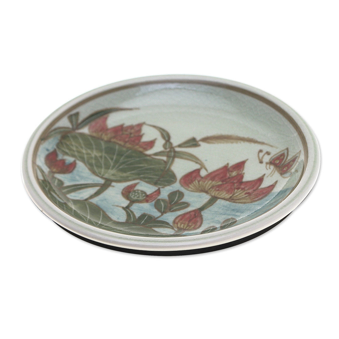 2 Hand-Painted Celadon Ceramic Floral & Leaf Dessert Plates - Lotus Flower Delight