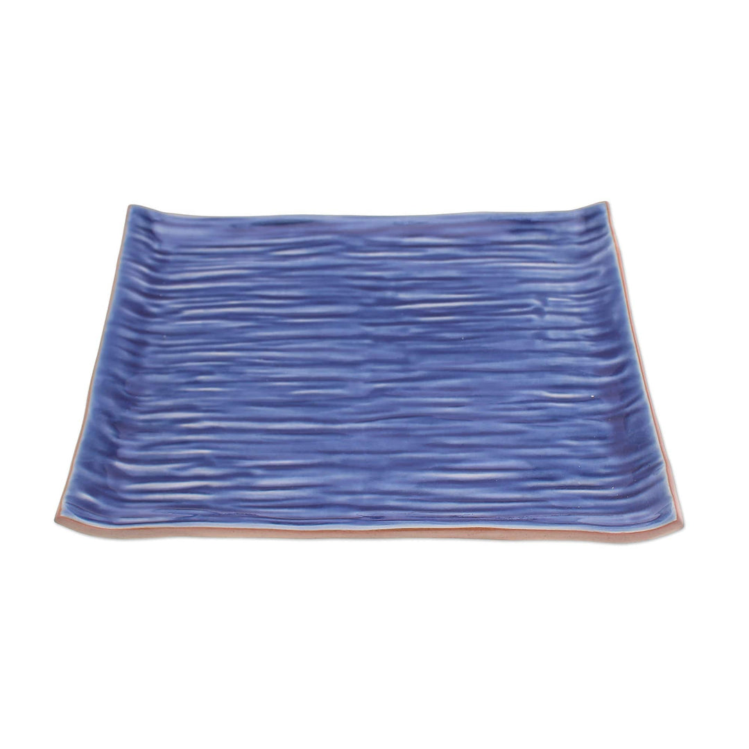 Celadon Ceramic Platter in Blue Handmade in Thailand - Tree Stump in Blue