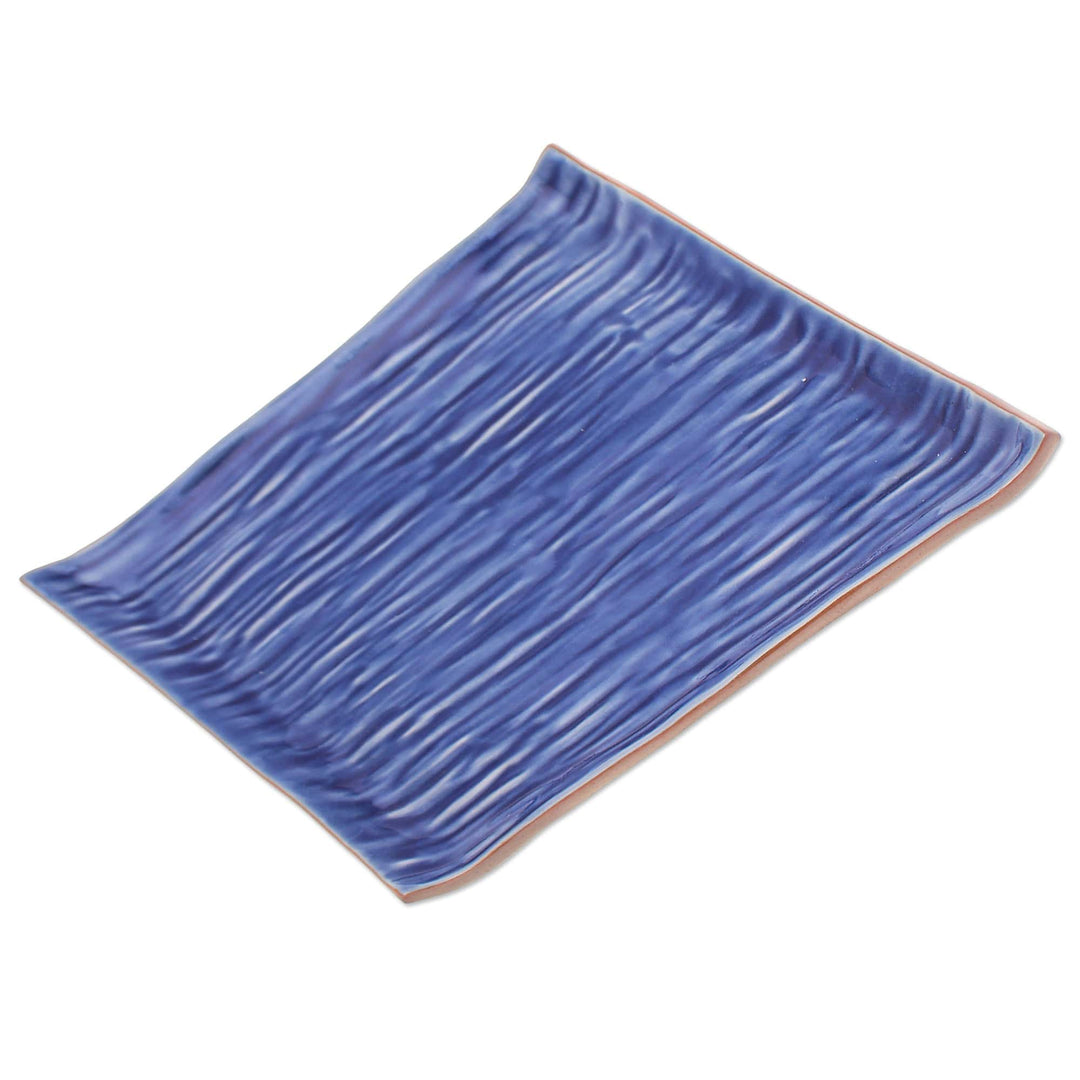 Celadon Ceramic Platter in Blue Handmade in Thailand - Tree Stump in Blue