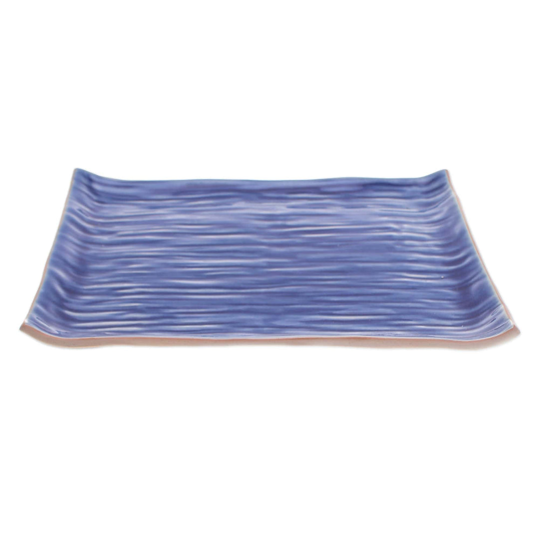 Celadon Ceramic Platter in Blue Handmade in Thailand - Tree Stump in Blue