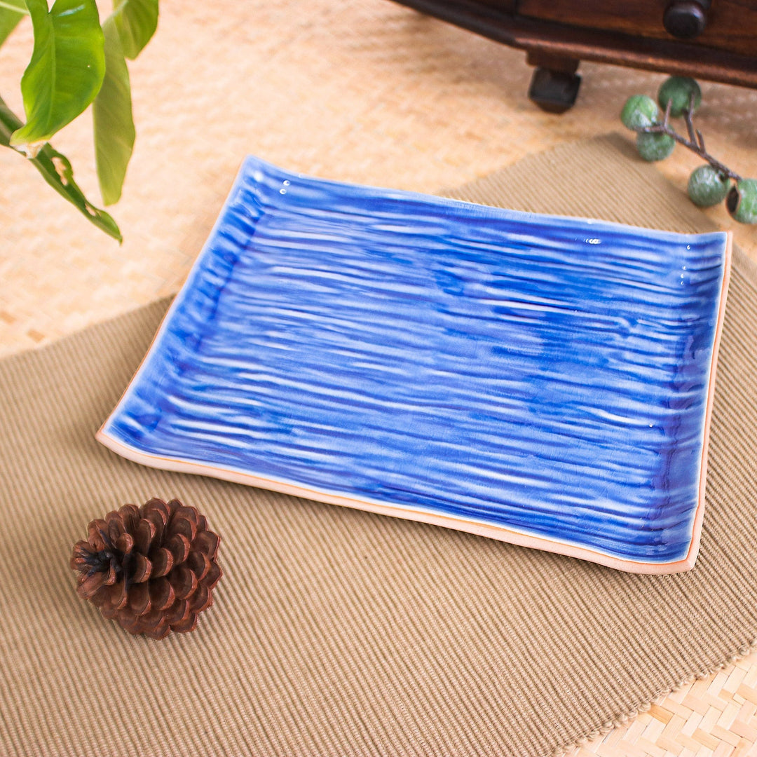 Celadon Ceramic Platter in Blue Handmade in Thailand - Tree Stump in Blue