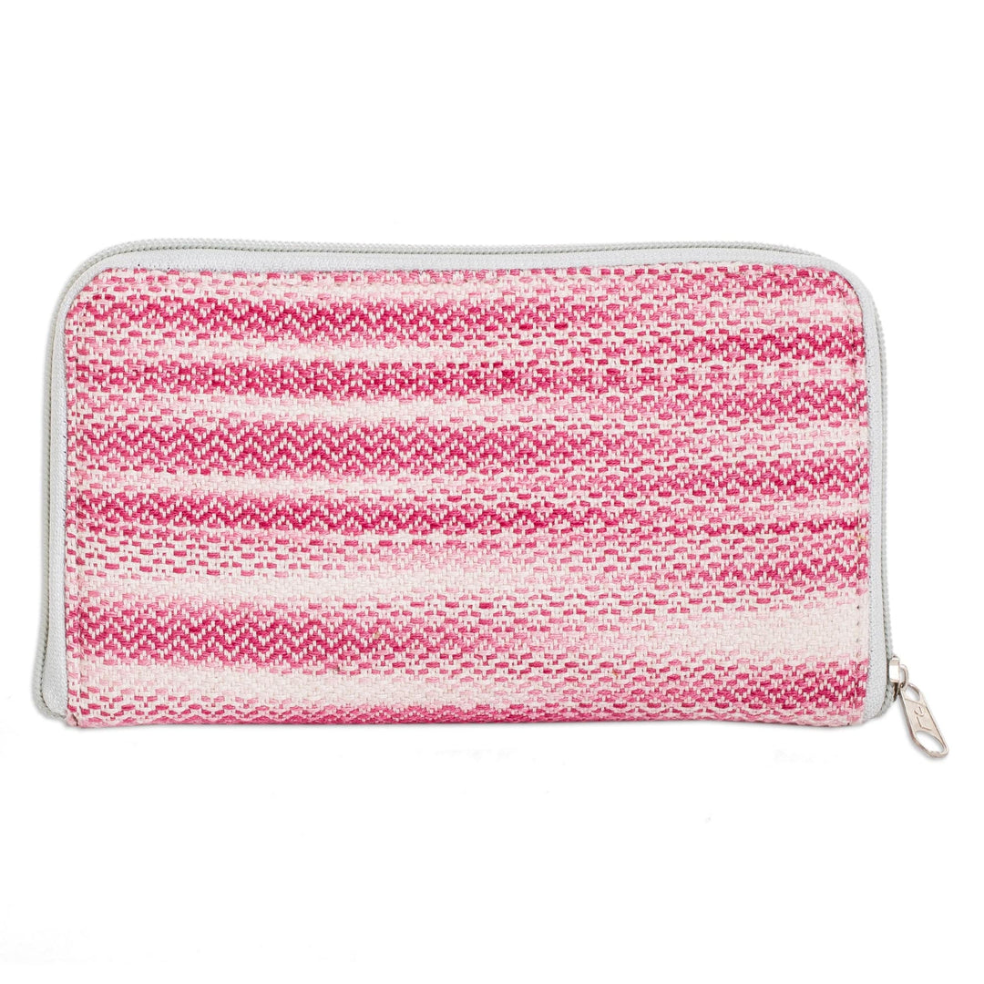 Hand-Woven Cotton Zipper Wallet in Cherry Pink and White - Colors of Tradition in Cherry