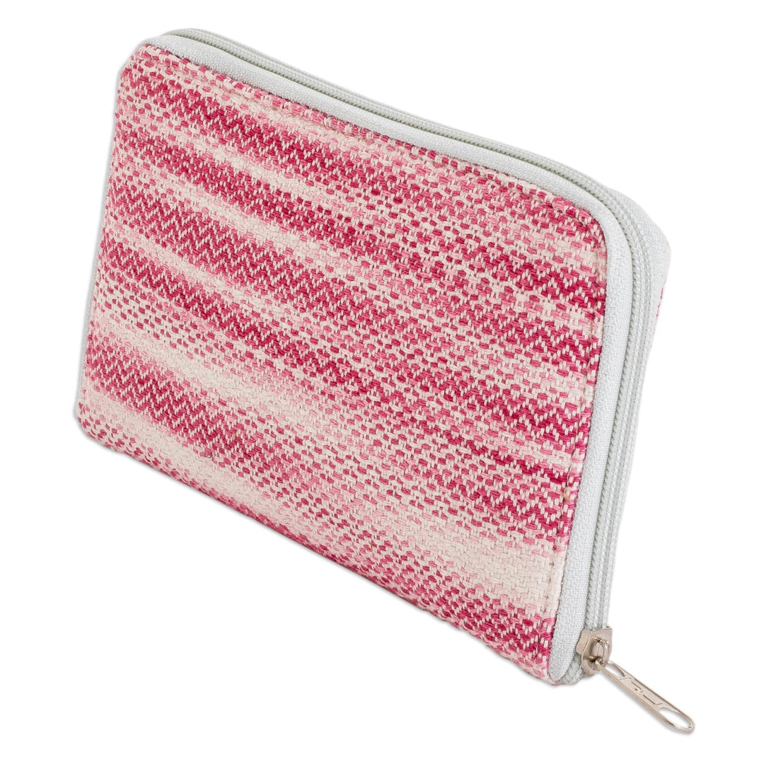 Hand-Woven Cotton Zipper Wallet in Cherry Pink and White - Colors of Tradition in Cherry