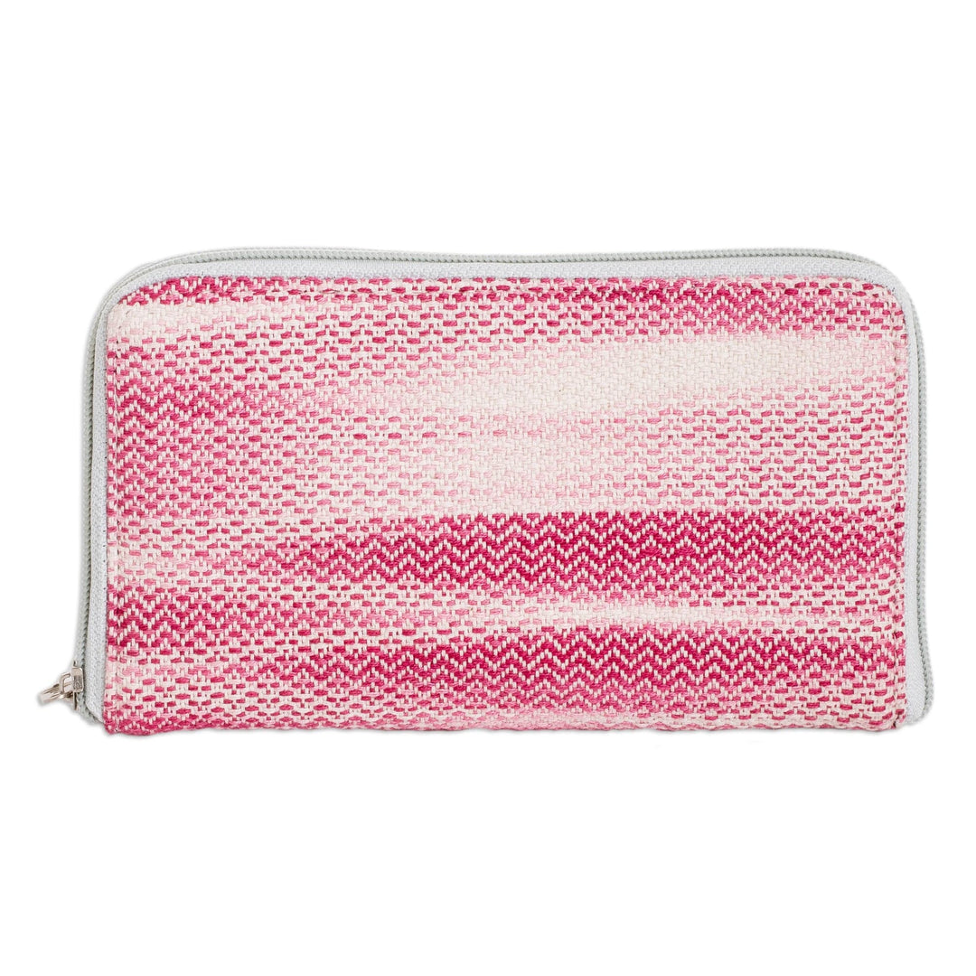 Hand-Woven Cotton Zipper Wallet in Cherry Pink and White - Colors of Tradition in Cherry