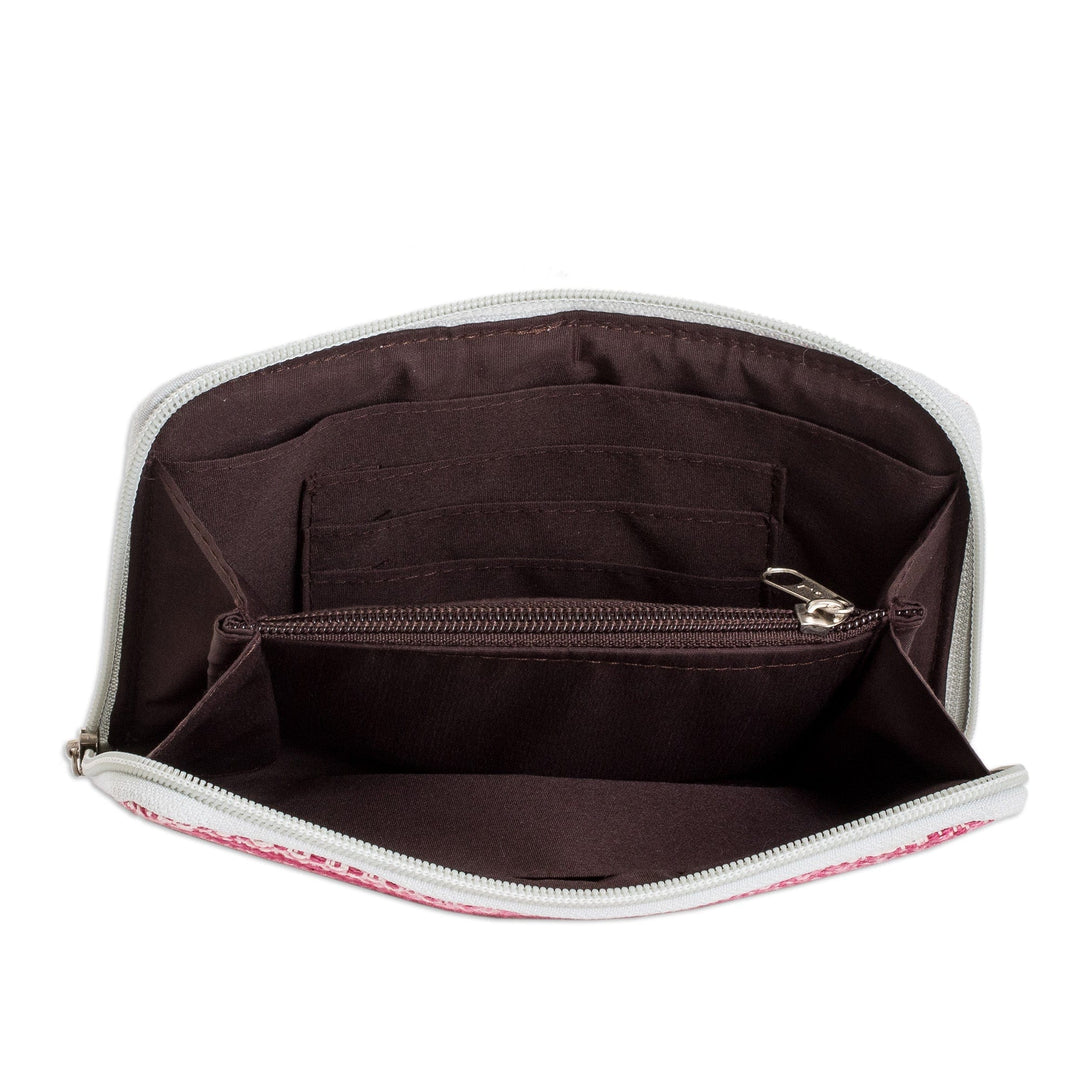 Hand-Woven Cotton Zipper Wallet in Cherry Pink and White - Colors of Tradition in Cherry