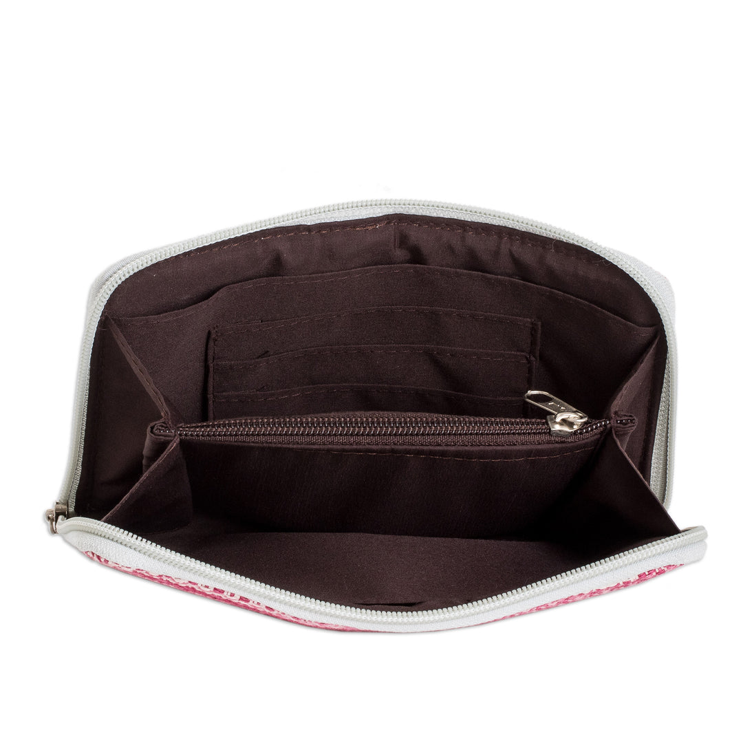 Hand-Woven Cotton Zipper Wallet in Cherry Pink and White - Colors of Tradition in Cherry