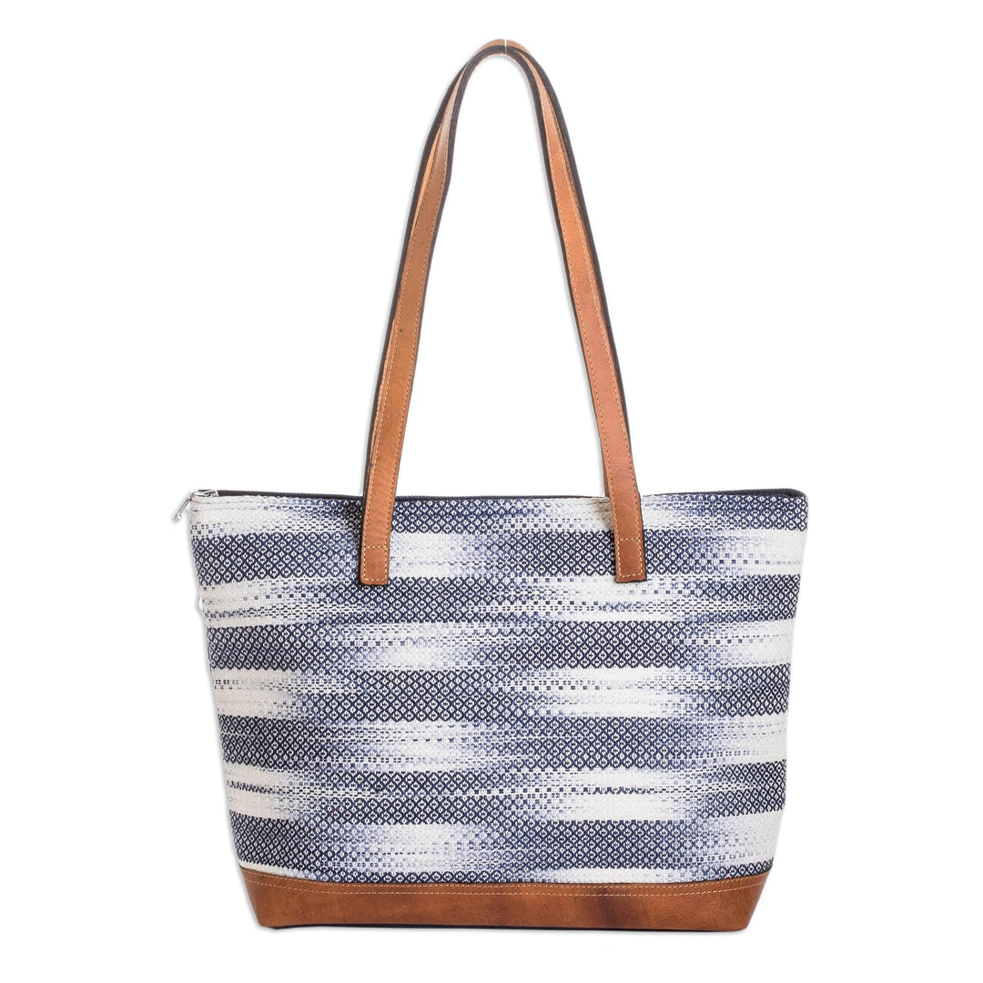 Handwoven Cotton Tote Bag with Leather Bottom Panel & Straps - Colors of Tradition