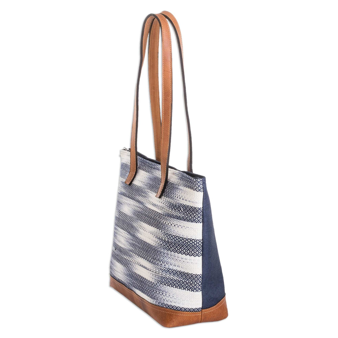 Handwoven Cotton Tote Bag with Leather Bottom Panel & Straps - Colors of Tradition
