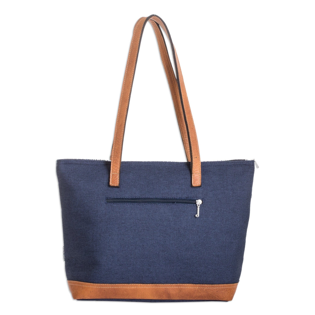 Handwoven Cotton Tote Bag with Leather Bottom Panel & Straps - Colors of Tradition