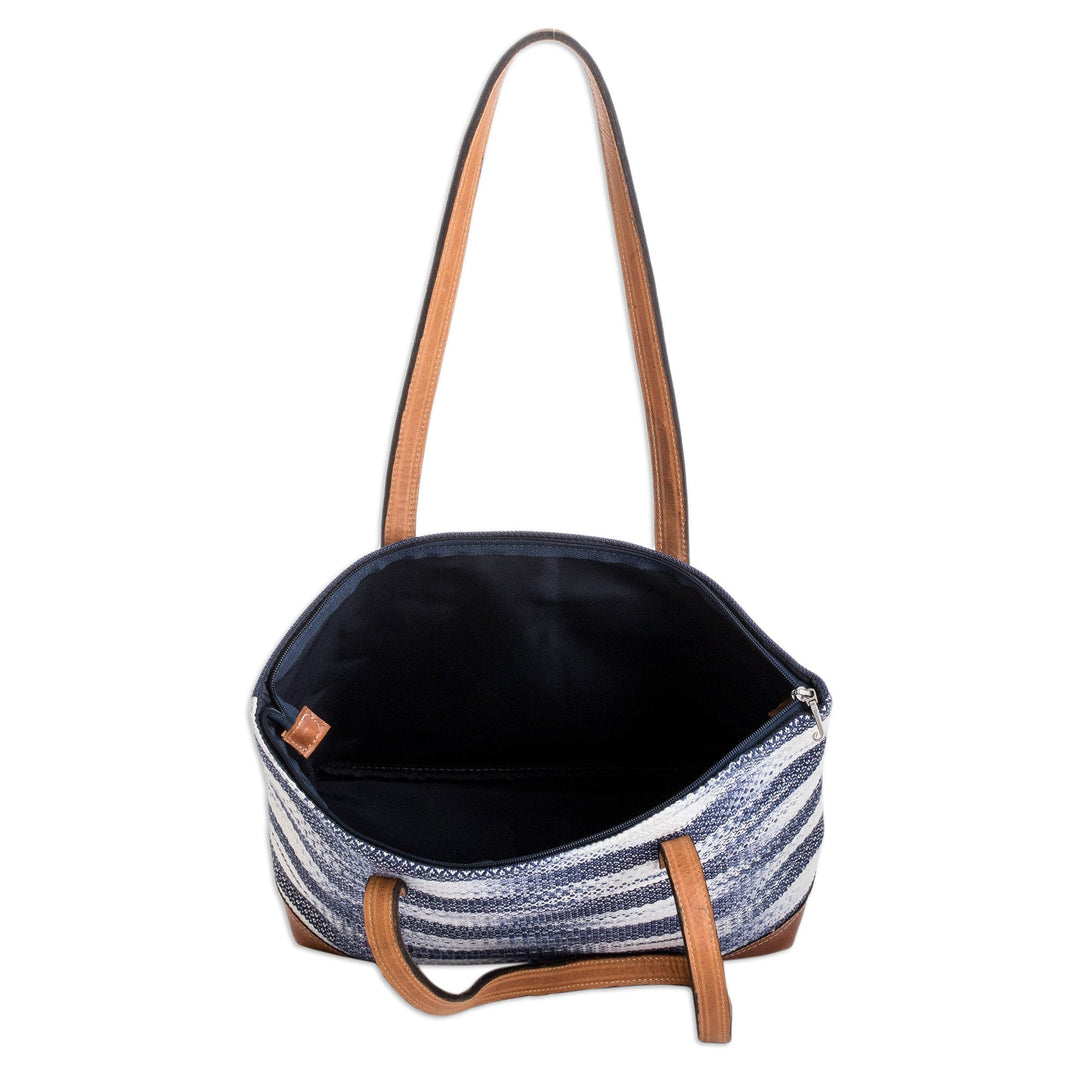 Handwoven Cotton Tote Bag with Leather Bottom Panel & Straps - Colors of Tradition