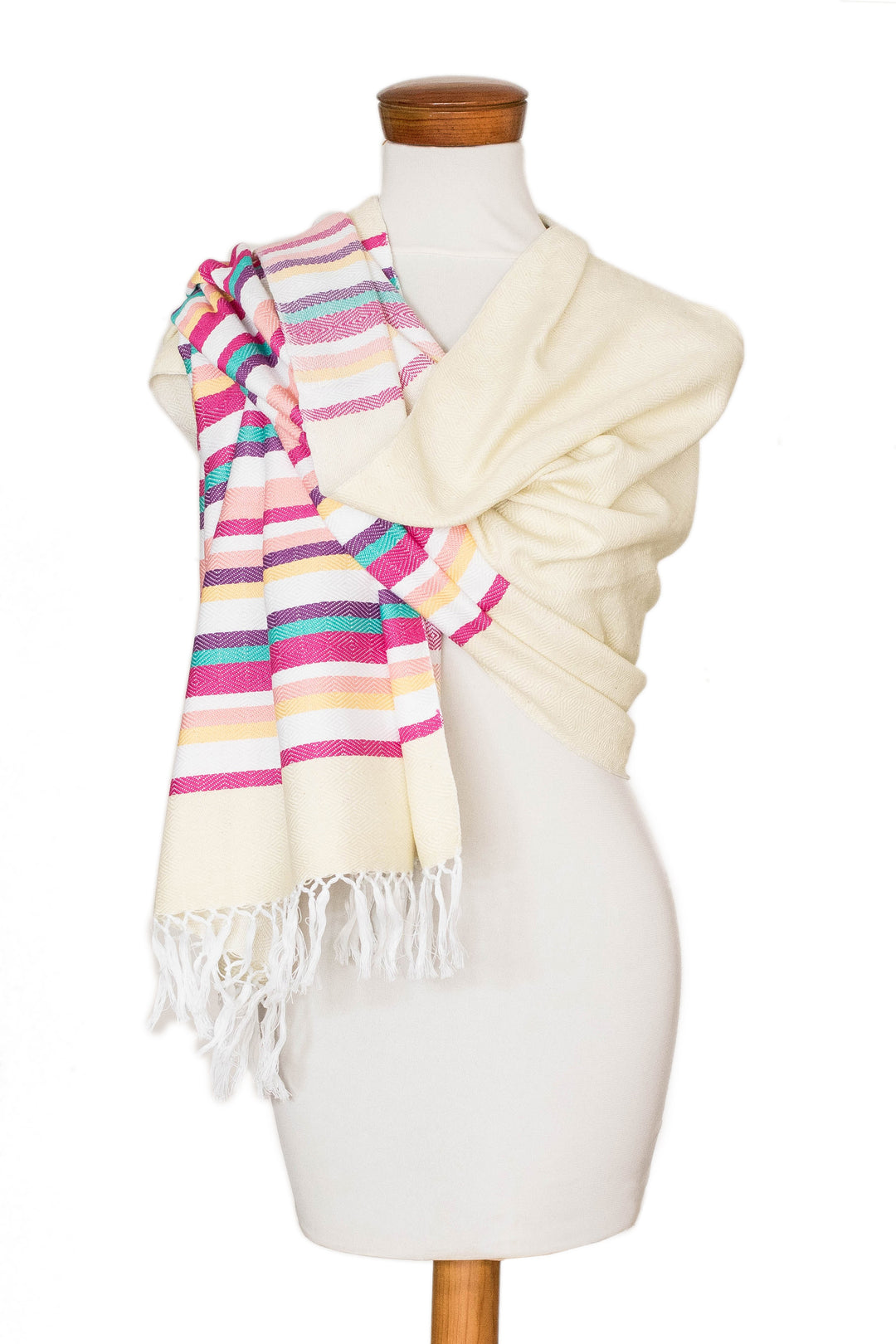Handloomed Ivory Cotton Shawl with Colorful Stripes - Dulcet Aurora