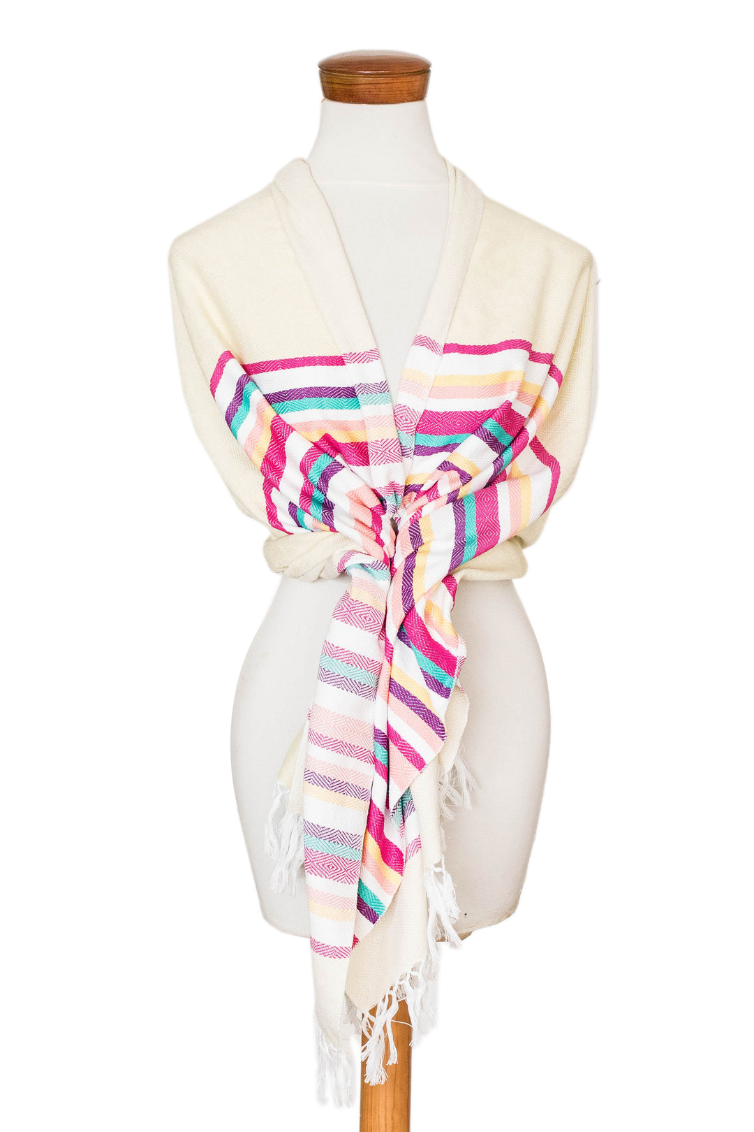 Handloomed Ivory Cotton Shawl with Colorful Stripes - Dulcet Aurora